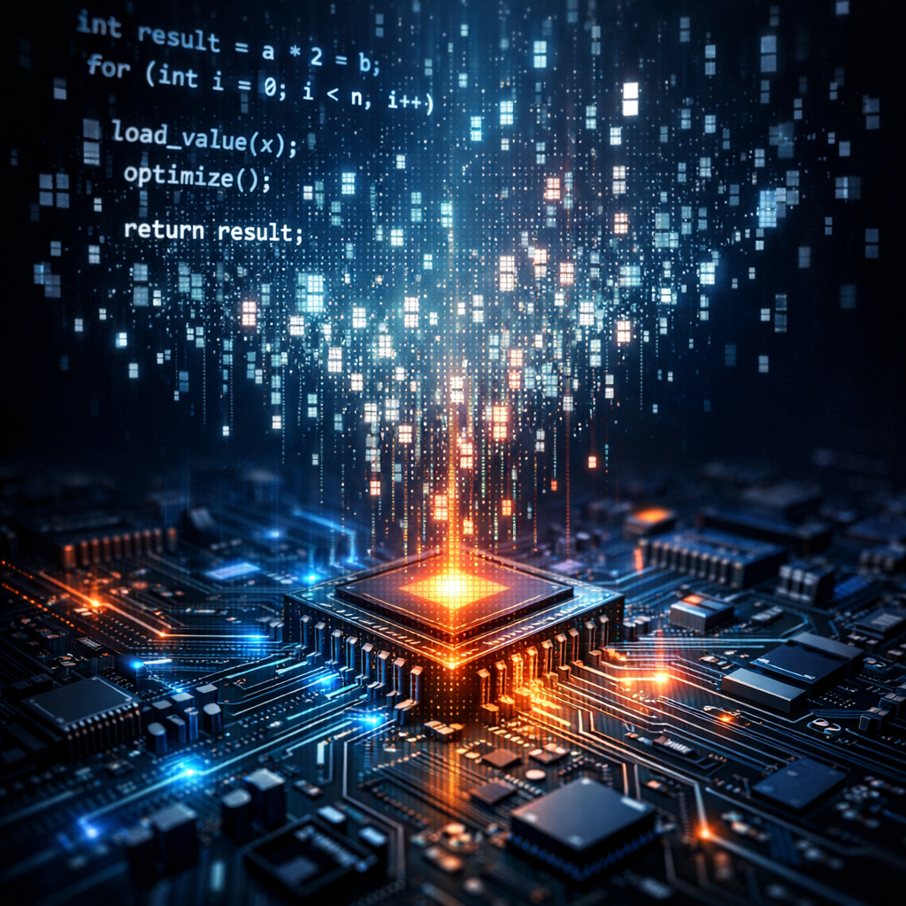 Stylized compiler hero image showing source code descending into a glowing processor.