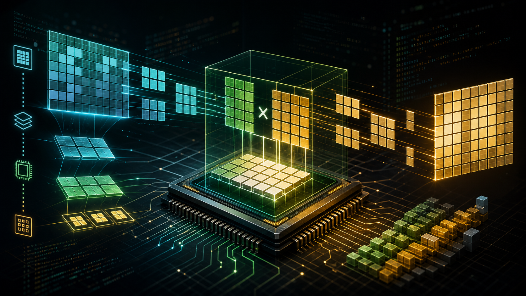 Abstract technical illustration of tiled matrix multiplication flowing through a GPU.