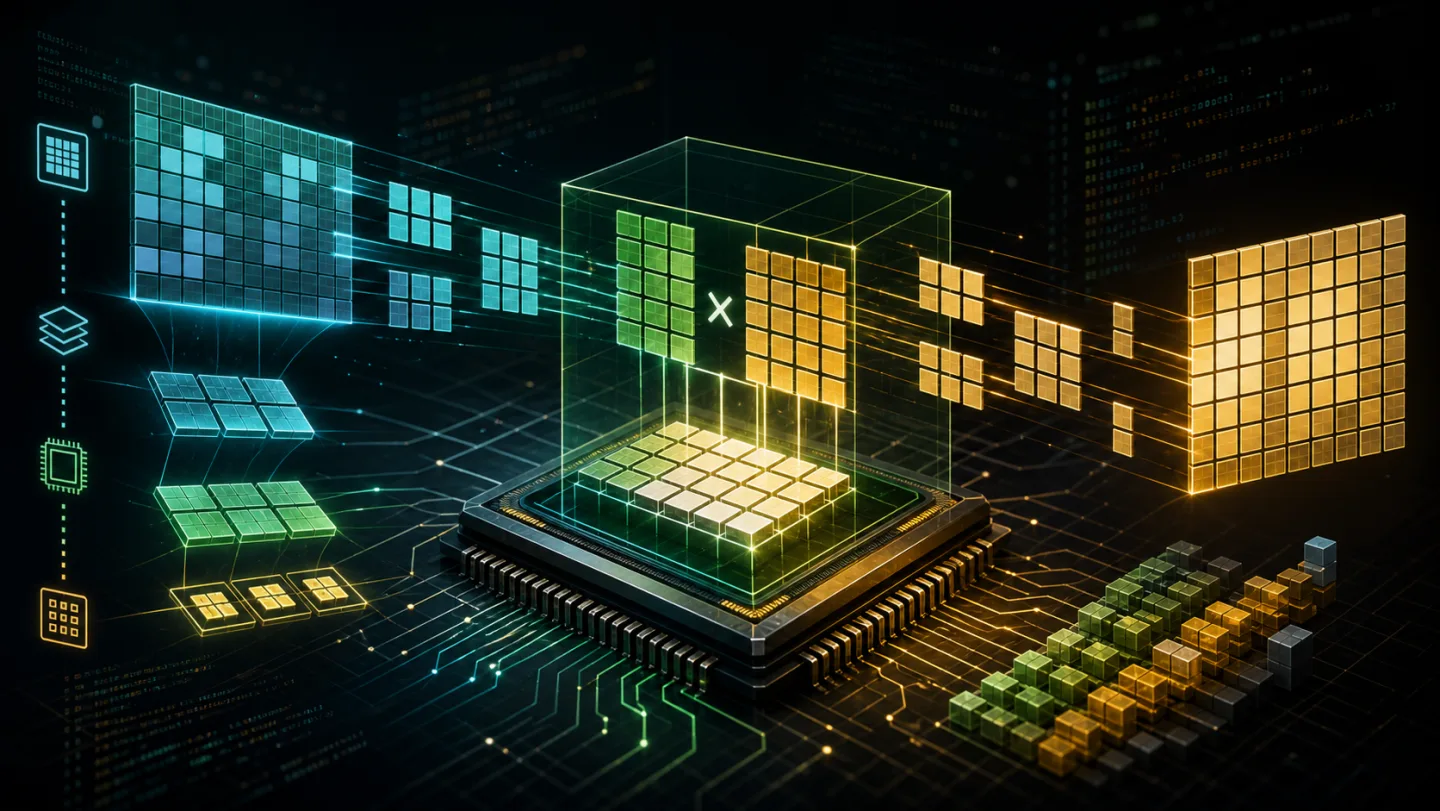 Abstract technical illustration of tiled matrix multiplication flowing through a GPU.