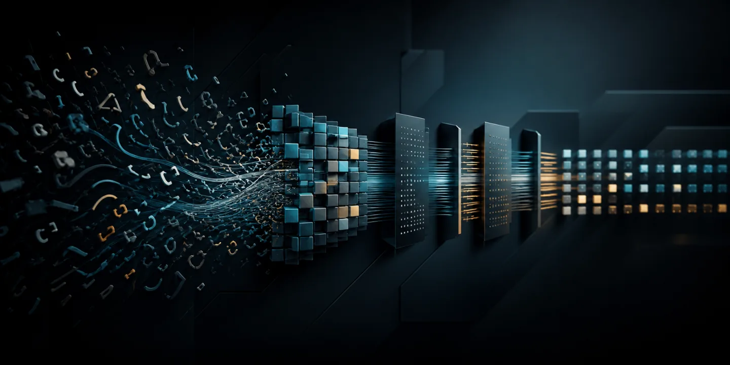Abstract technical illustration of glyph fragments and data cells flowing through a tokenizer pipeline.